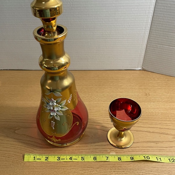 Bohemian Czech Ruby Red Gold Gilt Crystal Decanter & 4 Glasses Enamel Flowers - Picture 14 of 15